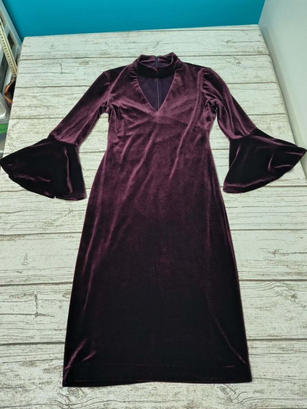 Eliza J Burgundy Velvet Bell Sleeve Midi Dress High Neck Size 2